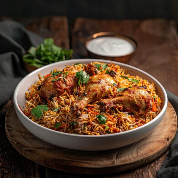 Chicken biryani with drumsticks and rice, garnished with cilantro, served with yogurt.