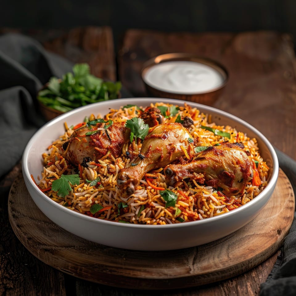 Chicken biryani with drumsticks and rice, garnished with cilantro, served with yogurt.