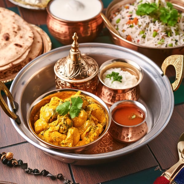 Indian chicken curry, rice, flatbread, and sauces served in copper bowls on a silver platter.