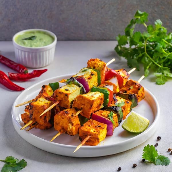 Paneer tikka skewers with bell peppers and onions, served with green chutney, lime, and chilies.